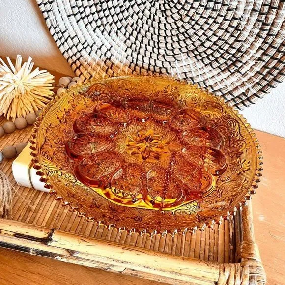 Vintage Amber Tiara Glass Saw Tooth Edge Egg Platter Marigold Carnival Glass - Picture 2 of 5